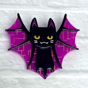 ERSTWILDER Purple Bat Cat Halloween Brooch - acrylic jewelry- RARE 2016 - no box
